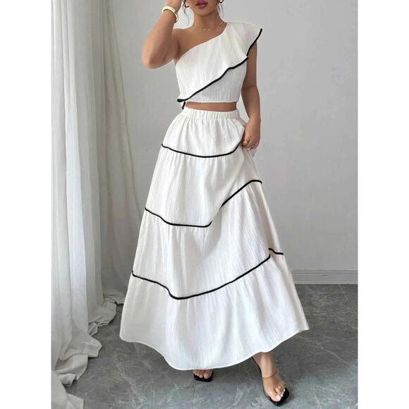 One-Shoulder Ruffle Top and Skirt Two-Piece Set - Picture 1 of 5